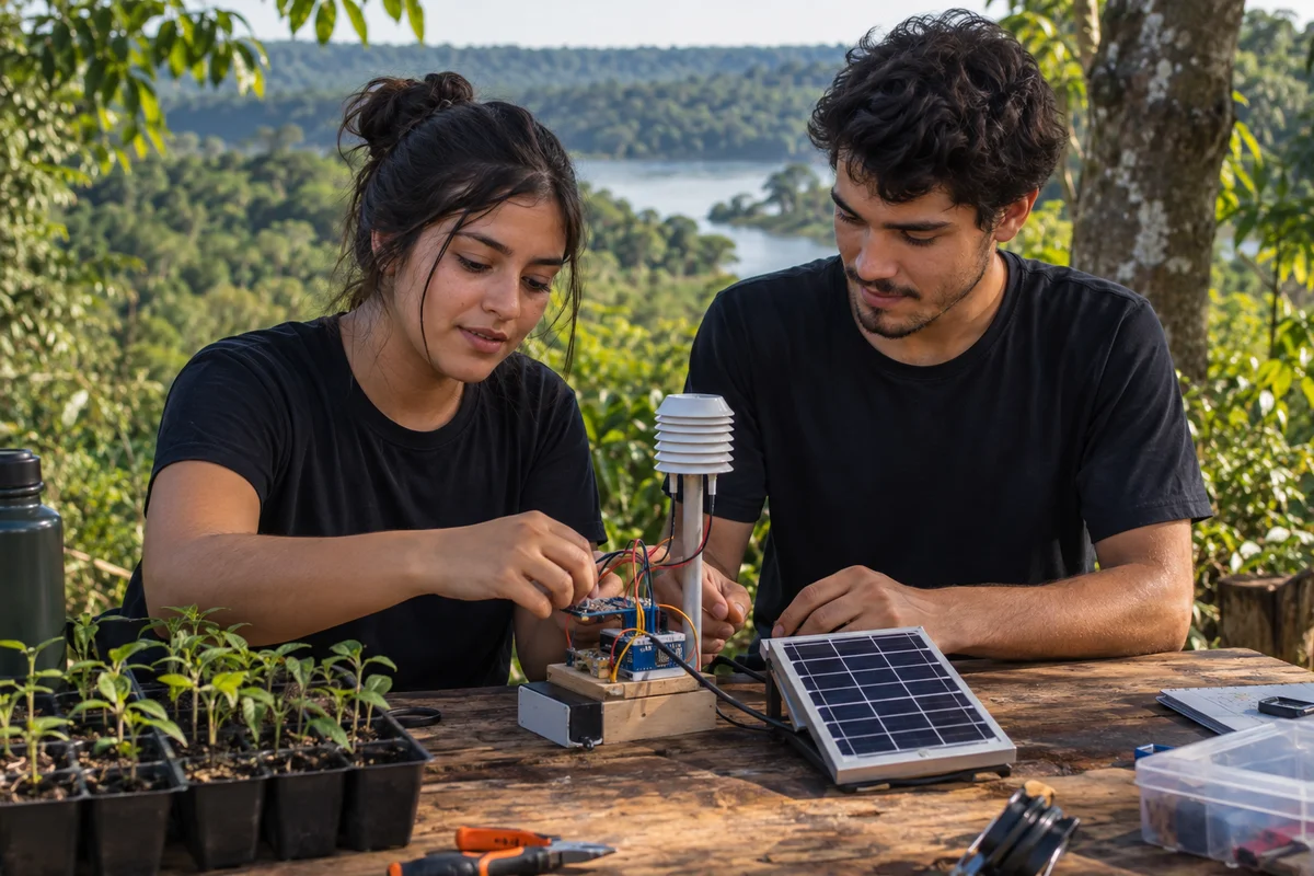 Ilustración de jóvenes trabajando en un prototipo de tecnología ambiental